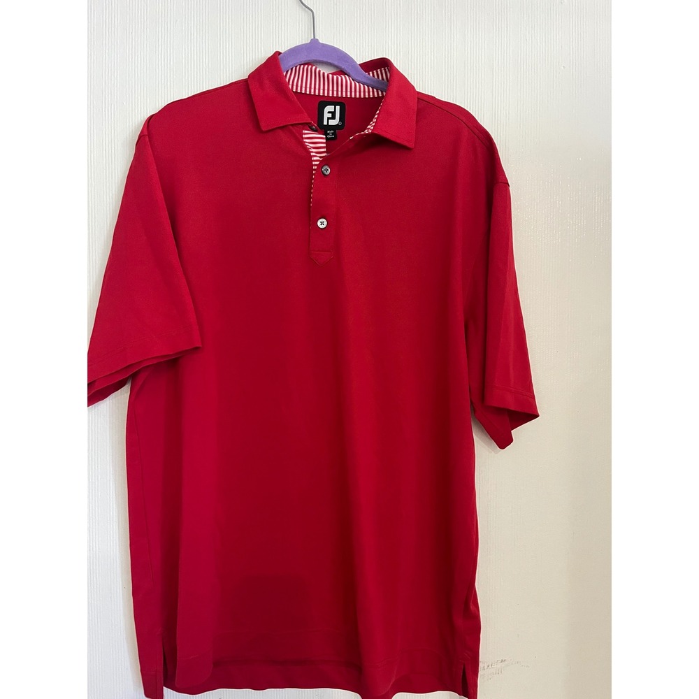 FJ FootJoy Red Golf Polo Shirt Mens Short Sleeve Striped Collar Performance